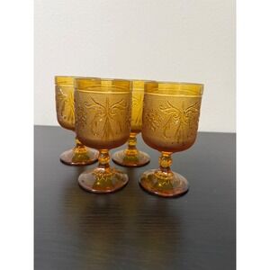 Tiara Exclusives Amber Glass Sandwich Pattern Water Goblets Set of 4 Vntg 5.5"